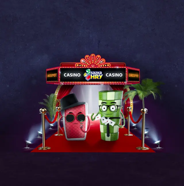 Vstup do Radioservis Hry casina s animovanými postavami Postavy ve tvaru žetonu a bankovky vstupují na červený koberec do kasina Radioservis Hry